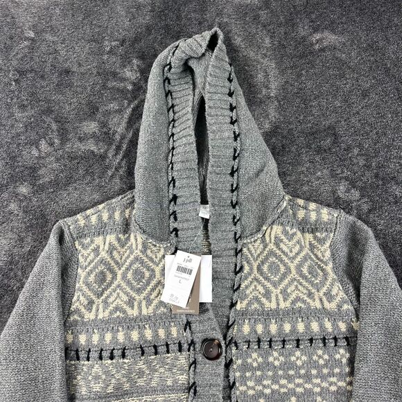 J. Jill Fair Isle Hooded Cardigan Sweater Hand Embroidered Nordic Women's L NWT - Picture 2 of 12